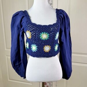 Aerie Crochet Vacay Top Blouse in Navy Size M Granny Square 100% Cotton Boho